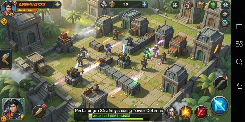 Tangkapan layar gameplay ARENA333 yang menegangkan dalam Tower Defense.