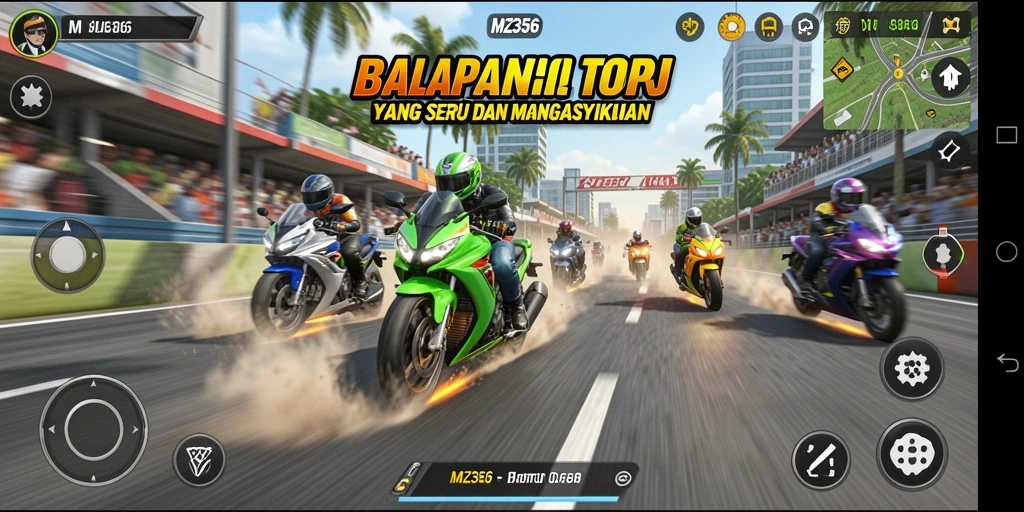 Gameplay MZ356 dengan balapan motor yang mendebarkan.